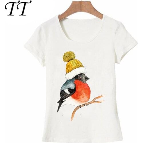 New Arrival summer Bullfinch bird T-Shirt Cute bird with hat design women t-shirt lovely girl Tops fashion ladies casual Tee