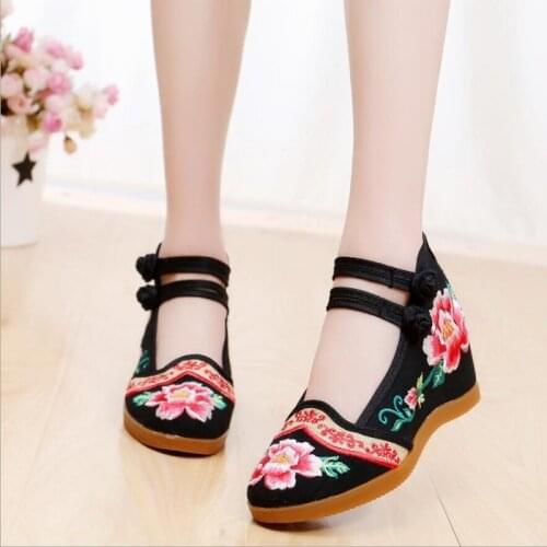 Spring Autumn China Style Retro Wedges Height Increasing Embroider Shallow Double Buckles Canvas Women Pumps Ladies Casual Shoes
