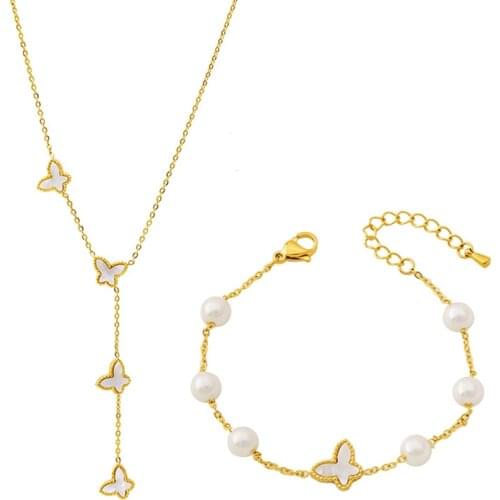 Shell Butterfly Necklace Women Fashion Jewelry Sets Stainless Steel Tassel Pearl Chain Pendants Necklaces kpop Brand Z081