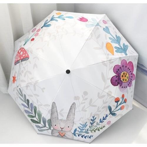 Children Cartoon Cute Rabbit Rain Umbrella Girls 3-Fold Compact and Portable Mini Sunshade Umbrella with UV Protection for Women