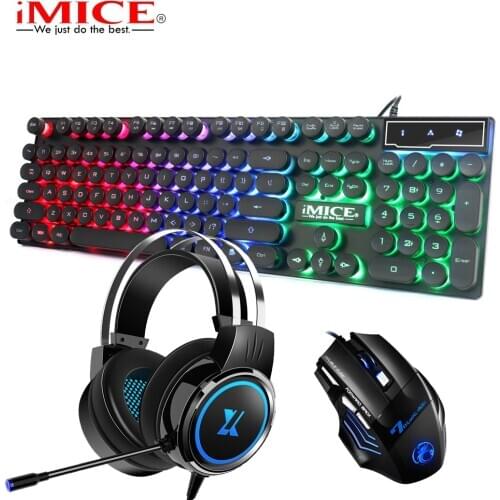 3 in 1Gaming Keyboard Mouse Earphone Sets for E-sport Notebook Desktop PC Wired USB Keyboard Round Punk Keycaps Gaming Keyboard