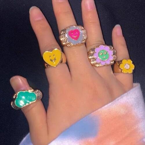 5Pcs/Set Smile Ring Enamel Thick Ring Size Luxury Spring Fine Lucky Jewelry Gold Color Heart Clouds Rings for Women Gift
