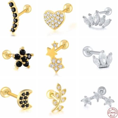 Aide 925 Sterling Silver Zirconia Moon Star Heart Stud Earrings For Women Small Leaf Branch Crown Geometric Shape Ear Stud 2PCs