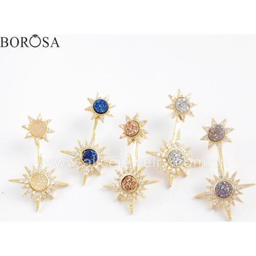 BOROSA 3Pairs Gold Bezel Crystal CZ Micro Pave Star Sun Round Rainbow Agates Druzy Female Earrings ZG0387