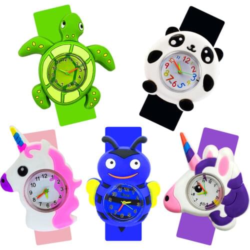 4 Mixed Cartoon Bee Unicorn Pattern Kids Watches Turtle Slap Pat Ring Watch Children Quartz Sports Wrist Watch Boys Girls Clock
