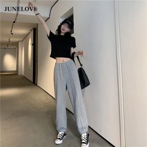 Short Sleeve Black Two Piece Set Casual Loose Elastic Straight Pants High Waist Womens Outfits Crop Top And Trousers 2piece Set