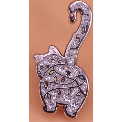 Christmas kitty enamel pin cute glitter brooch cocked tail cat badge creative Christmas tree pins animal art jewelry