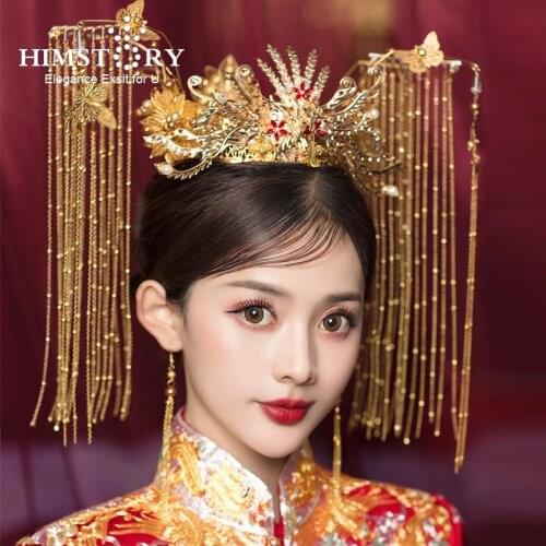 HIMSTORY Vintage Chinese Gold Bride Headdress Tassel Phoenix Crown Hair Decoration stage Wedding Party Hair Accessories
