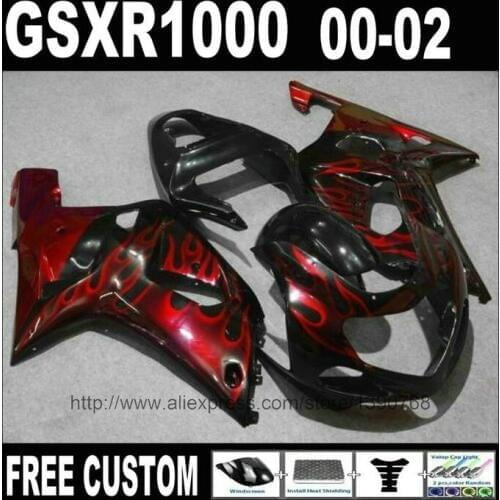 Red flames in black fairing kit for SUZUKI 2000 2001 2002 GSXR 1000 High quality fairings set 00 01 02 K2 GSXR1000 YH48
