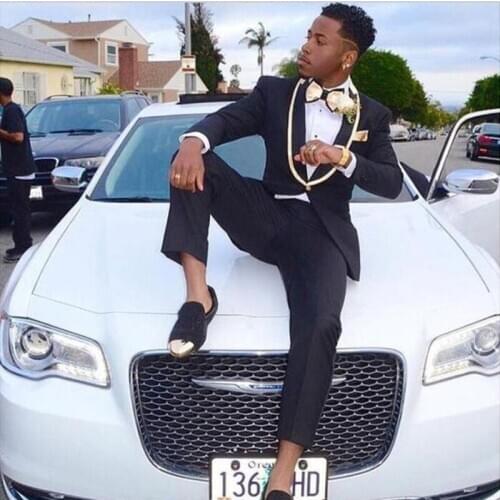 One Button Groom Wear with Gold Shawl Lapel Two Pieces Wedding Tuxedos Custom Made Man Suits (Jacket+Pants+Black Bow Tie)