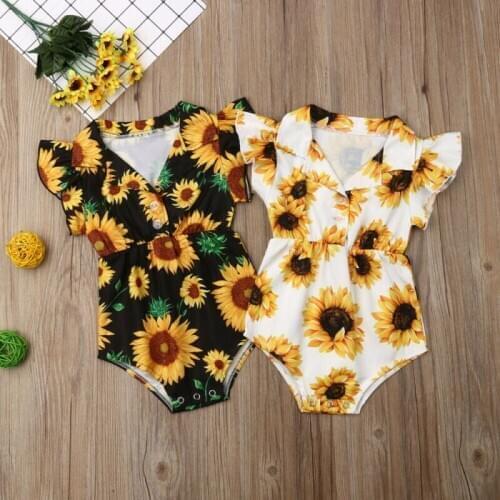 Summer Toddler Baby Girls Clothes Sunflower Romper Turn-down Collar Single Breasted Jumpsuit Outfits Sunsuit