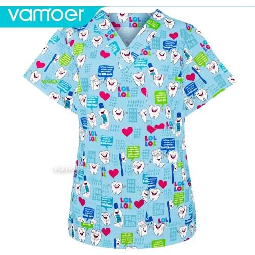 Oral Dental Hospital Uniform Scrub Tops Women ane man V Neck Short Sleeve Scrub Shirt Tooth printing Medical Uniforms Workwear