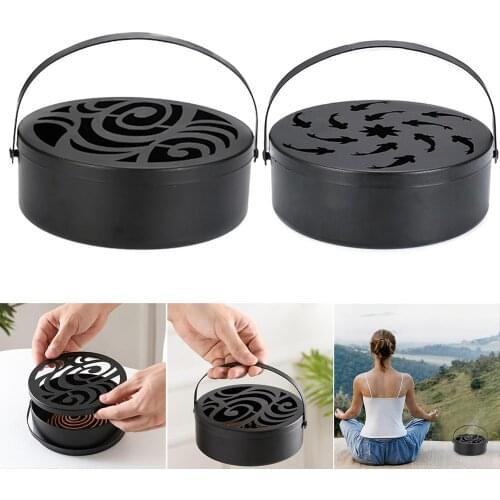 Metal Mosquito Repellent Box Cover Round Coil Holder Incense Plate Safety Windproof(Black) Incense Burner with Lid