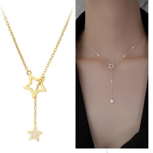 Fashion Crystal Star Gold Pendant Necklace For Women Jewelry Pure Sterling Silver 925 Girl Clavicle Necklace Accessories Lady