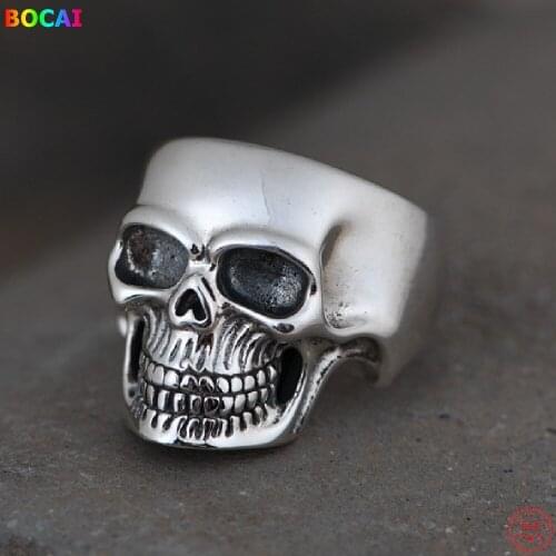 BOCAI S925 Sterling Silver Charm Opening Rings 2021 Popular Simple Skull Hand Ornaments Pure Argentum Punk Jewelry for Men