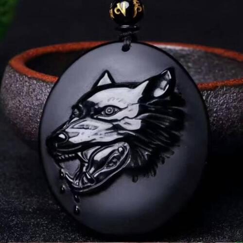 Natural Obsidian Wolf head Pendant Jewelry Lucky to ward off Evil Auspicious Amulet Necklace Pendant Jade Fine Jewelry