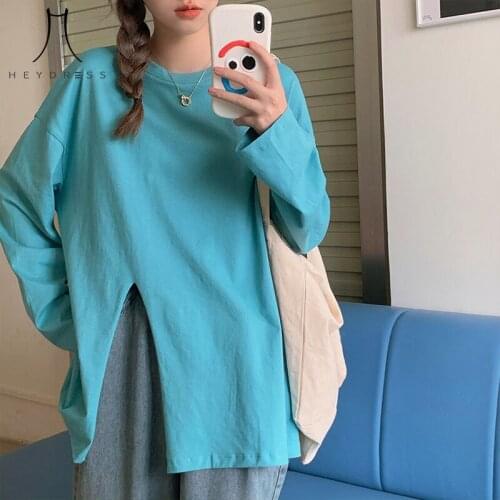 Heydress Autumn Korean casual Simple Basic T-shirts Women Harajuku Solid Side-slit Chic Female O-neck Tops College Streetwear