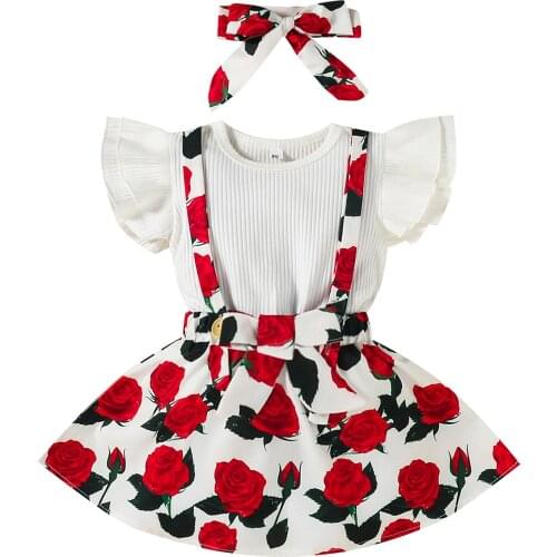 1-6Y Girl’s Three Piece Suit Fresh Solid Color Fly Sleeve T-shirt Flower Suspender Skirt with Headband Summer Children Clothing