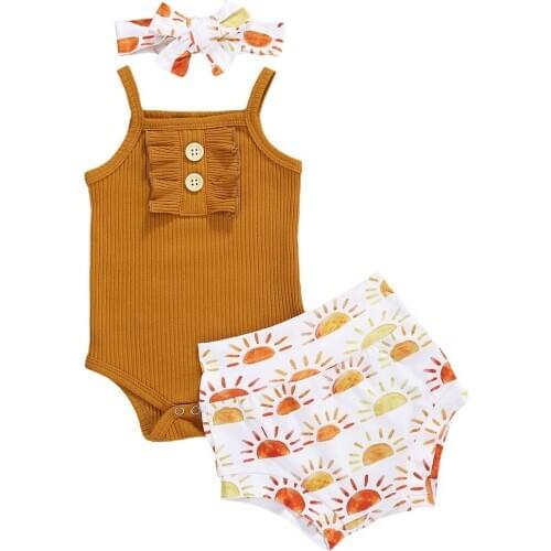 Pudcoco Fast Shipping 0-18M 3Pcs Baby Girl Clothing Set Sleeveless Solid Kinitting Romper Top Printed Headband 3Pcs Outfit Set