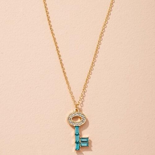 Fashion Key Pendant Necklace For Women Blue Zircon Crystal Gold Chains Necklace Female Bohemian Party Jewelry Personality Gift