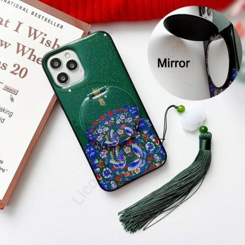 For iPhone 12 Mini 11 Pro Max XS XR X 8 7 6S Plus SE Case Gold Foil Glitter Floral Pattern Makeup Mirror Tassels Silicone Cover