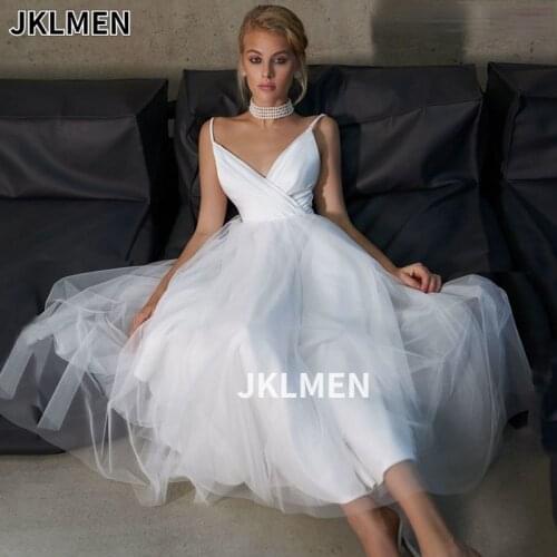 Wedding Dress Sexy V-neck Tea-Length Tulle Bridal Gown Spaghetti Straps Zipper Back Wedding Gown Robe De Mariage 2021