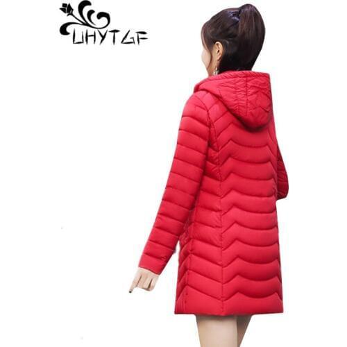 UHYTGF Hooded Winter Parker woman casual 6XL plus size cotton jacket thin and light Down Cotton coat zipper slim warm jacket 266