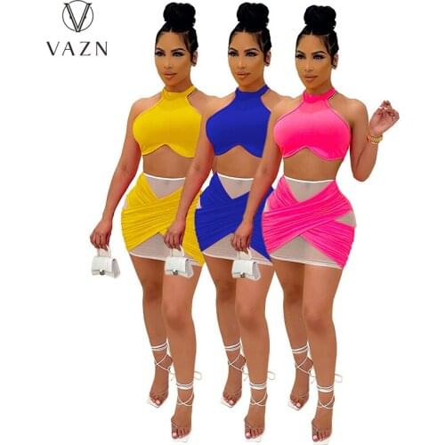 VAZN 2021 Halter Summer Boho Sleeveless Suitable Energetic Casual Elegant Women Shorts 2PCs Set Ladies Women Suits