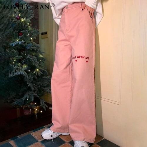 Pink Love Embroidery Women High Waist Jeans 2021 Spring Female Casual Loose Straight Pants Lady Fashion Pockets Wide Leg Pant