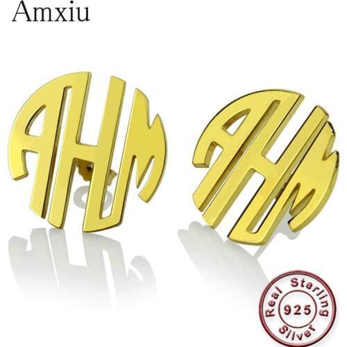 Amxiu Custom 925 Sterling Silver Earrings Engrave Monogram Initials Round Stud Earrings For Girls Students Gifts Daily Jewelry