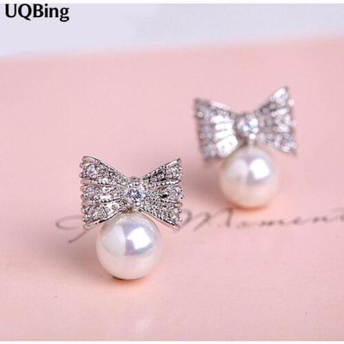 925 Sterling Silver Jewelry Bow Pearl Stud Earrings Brincos Pendientes De Plata