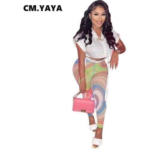 CM.YAYA Women Set Short Sleeve Turn-down Collar Crop Shirts Tops Mesh Skinny Pencil Pants Two 2 Piece Sets Sexy Outfits Summer
