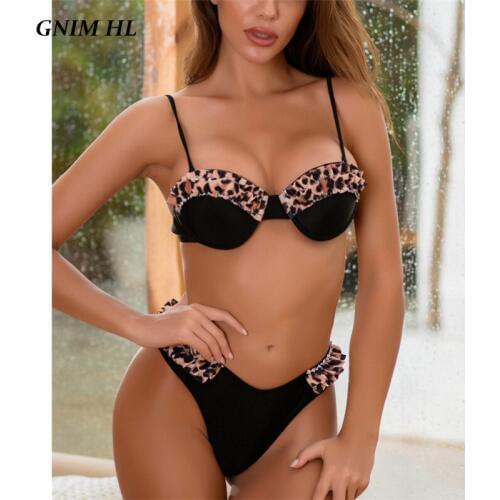 GNIM Leopard Stitching Bikini Swimwear Women Push Up 2020 Sexy Ruffle Swimsuit Female Two Pieces Bandage Backless Biquini Set