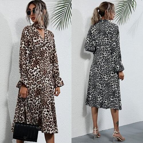 Elegant Party Sexy Club Summer Dress 2021 Leopard Long Sleeve Hollow Out V-neck Midi Dress Female Zipper Fall A-line Skirt Print