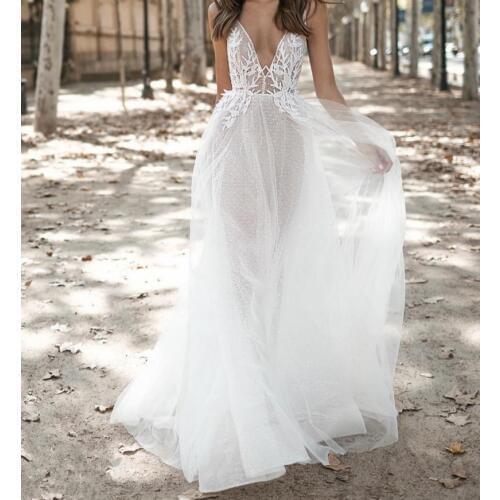 SSYFashion New Evening Dress White Sexy V-neck Backless Lace Appliques Sleeveless Floor-length Formal Prom Gown Vestido De Noiva