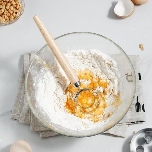 1Pcs Stainless Steel Egg Beater Flour Coil Agitator Danish Whisk Stick Oak Wood Handle Blender DIY Bread Dough Bakeware Gadget