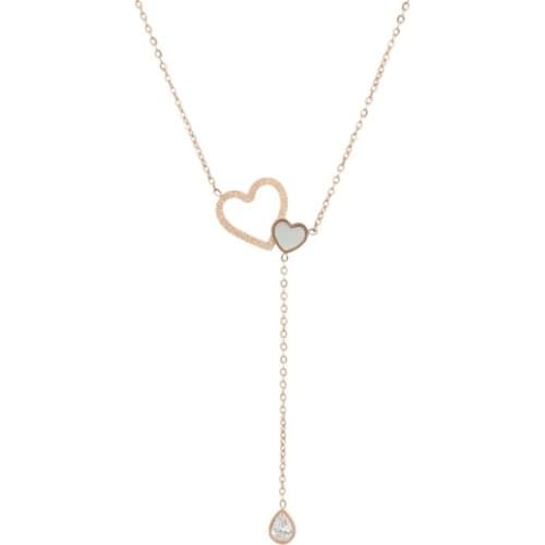 316L Stainless Steel Heart to Heart Necklace Double Peach Heart Clavicle Chain Tassel Water Drop Micro Inlaid Zircon Necklace