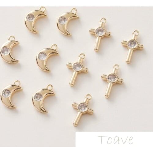 14K gold copper plated gold cross moon zircon pendant diy handmade accessories 4pcs