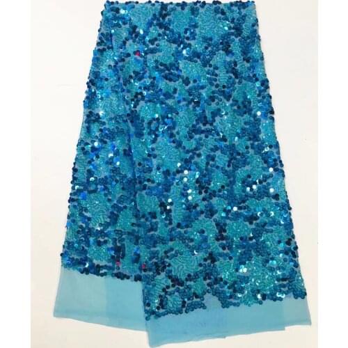 5yards/pc) Shining French net lace fabric turquoise blue African sequins lace fabric for making attractive party dress FJY109