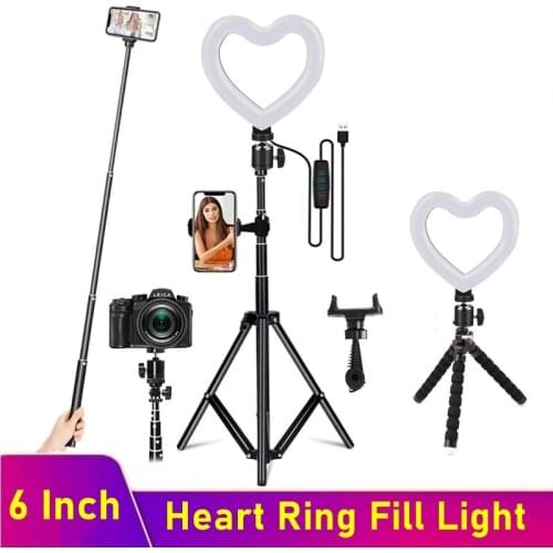 6 Inch LED Selfie Ring Light Heart Dimmable Photo Ring Lamp Photo Photographic Lighting Tripod For Phone Makeup Video Live Volg