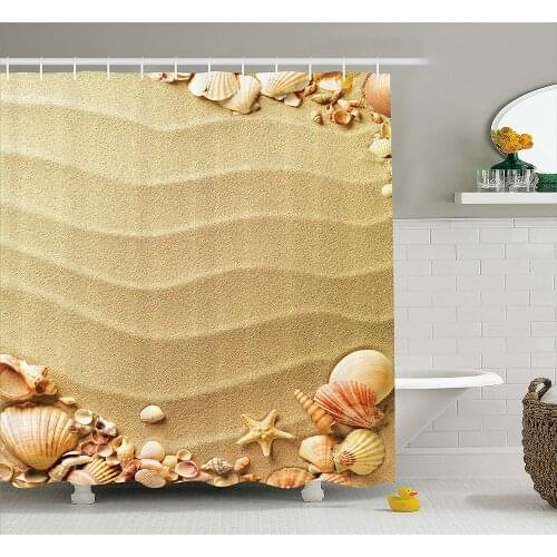 Beige Shower Curtain Nautical Beach Tropical Hawaiian Seashells Seaside Sea Stars Oysters Maldives Bathroom Accessories