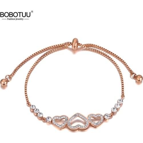BOBOTUU Fashion Stainless Steel CZ Crystal Chain Link Bracelets For Women Bohemia 3Pcs Heart Charm Adjustable Bracelet BB20160