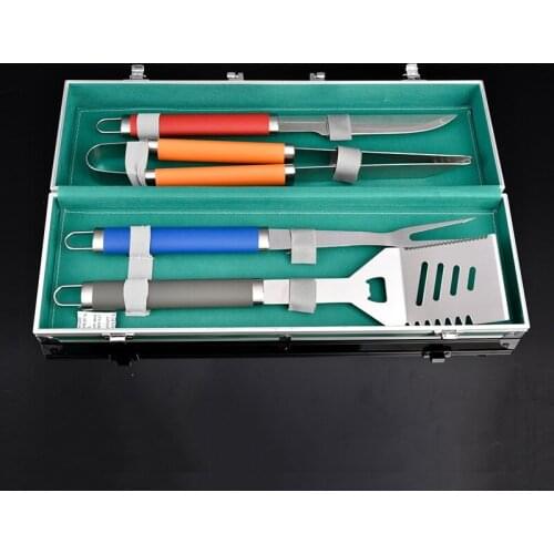 Great Discount 4Pcs/Set BBQ Tool Utensil 304Stainless Steel Cooking Colorful Silicone Handle Barbecue Camping Quality Outdoor