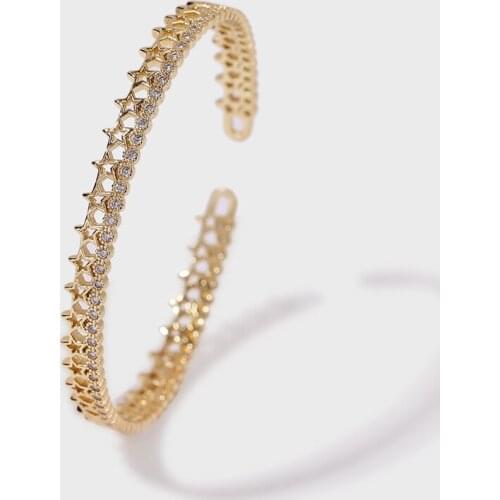 Trendy Female Cubic Zirconia CZ Zircon Gold Color Copper Metal Hollow Star Bangles Cuff Bracelets For Women Girls Gifts Jewelry