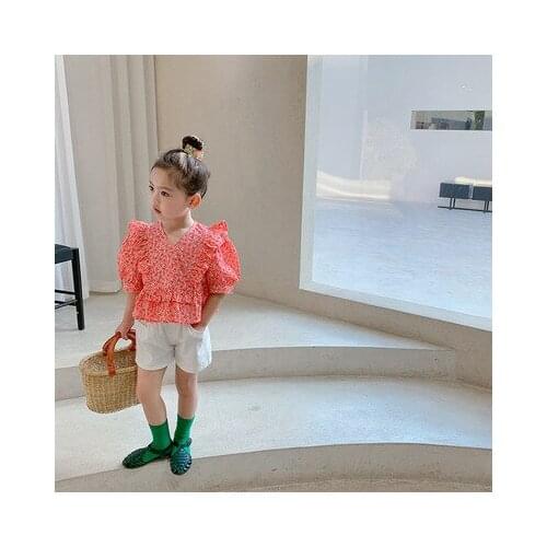 Childrens Girls Floral Shirt 2021 Summer New Baby Girls Ruffled Puff Sleeve Floral Shirt Kids Girls V-neck Shirt Toddler Blouse