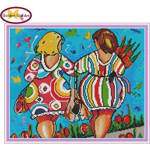 GG Two Women Painting Cross Stitch Embroidery Needlework Set Joy Sunday 14CT11CT Handicraft Counted Cross Stitch for Home Decor