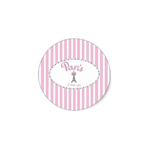 3.8cm "Paris I Love You"- pink stripes Classic Round Sticker