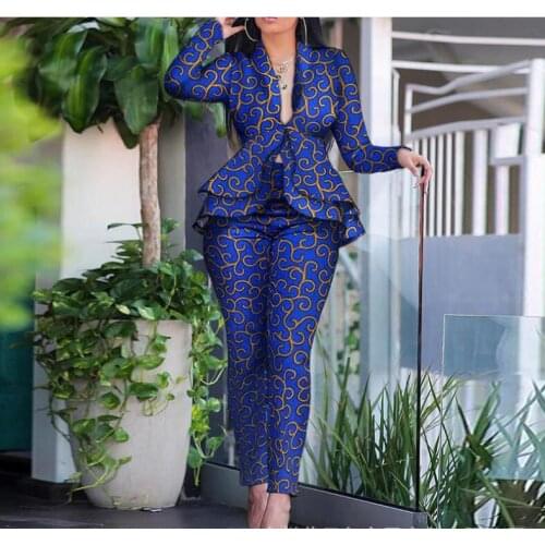 Ruffles Two Piece Set Women African Clothes Office Lady Vintage Print Long Sleeve Ruffles Top&Skinny Pencil Pants Sets Outfits