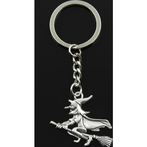 Fashion 30mm Key Ring Metal Key Chain Keychain Jewelry Antique Silver Color Plated Witch Broomstick Halloween 36x34mm Pendant