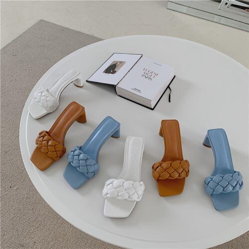 Fashion Women Slides Open Toe Weave Design Slippers Ladies Pumps Thick High Heels Slippers Slides Party Wedding Shoes Size 35-39